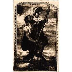 Saint Christopher Religious Vintage Postcard Black White Print Decorative Border